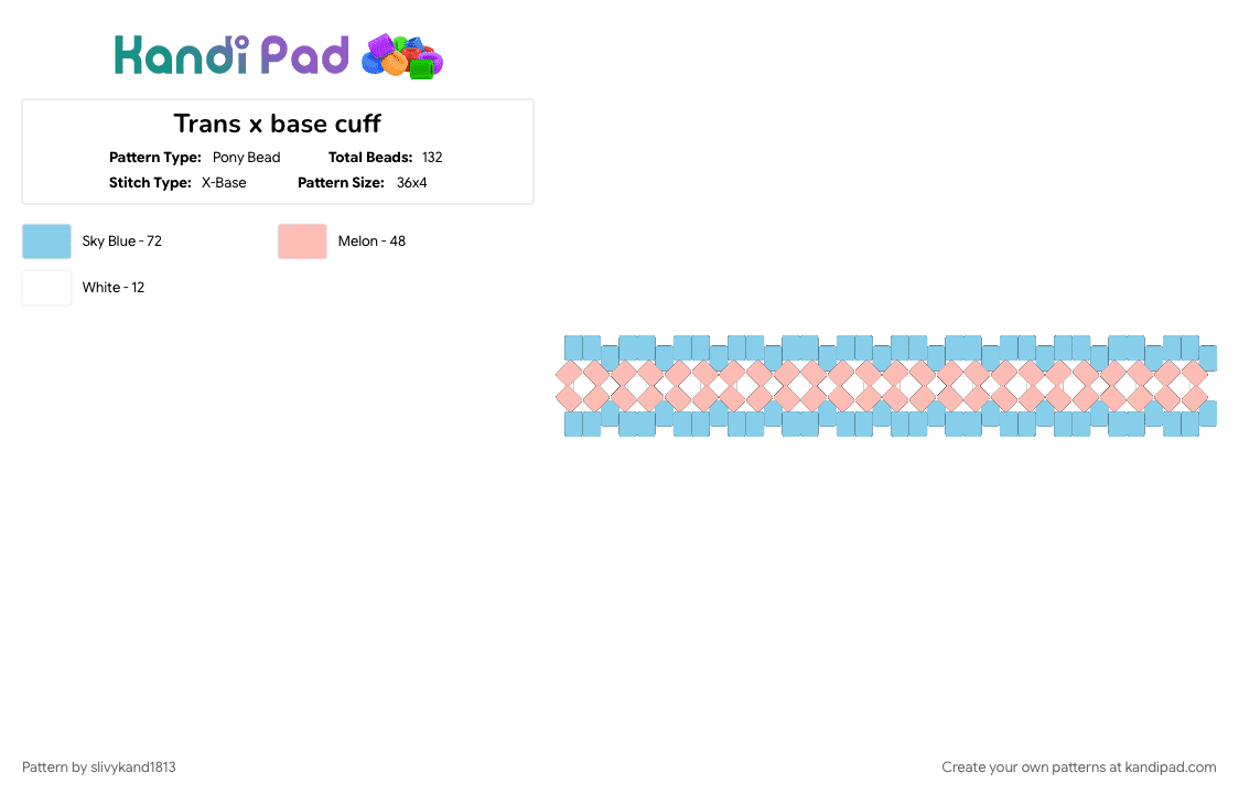 Trans x base cuff - Pony Bead Pattern by slivykand1813 on Kandi Pad - beige, light blue, pride, trans