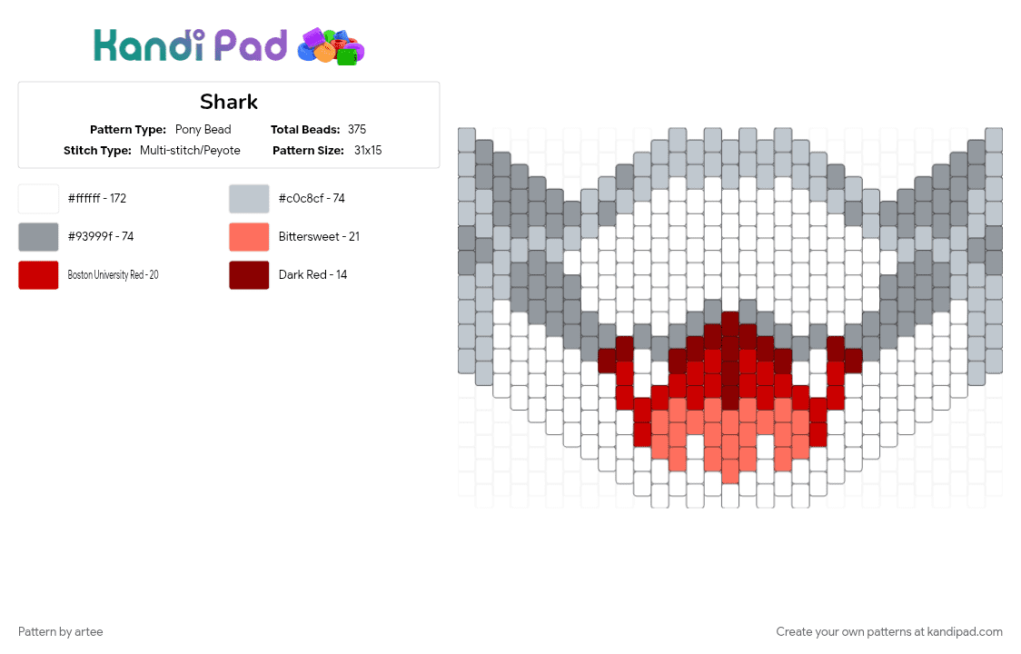 Shark - Pony Bead Pattern by artee on Kandi Pad - gray, red, white