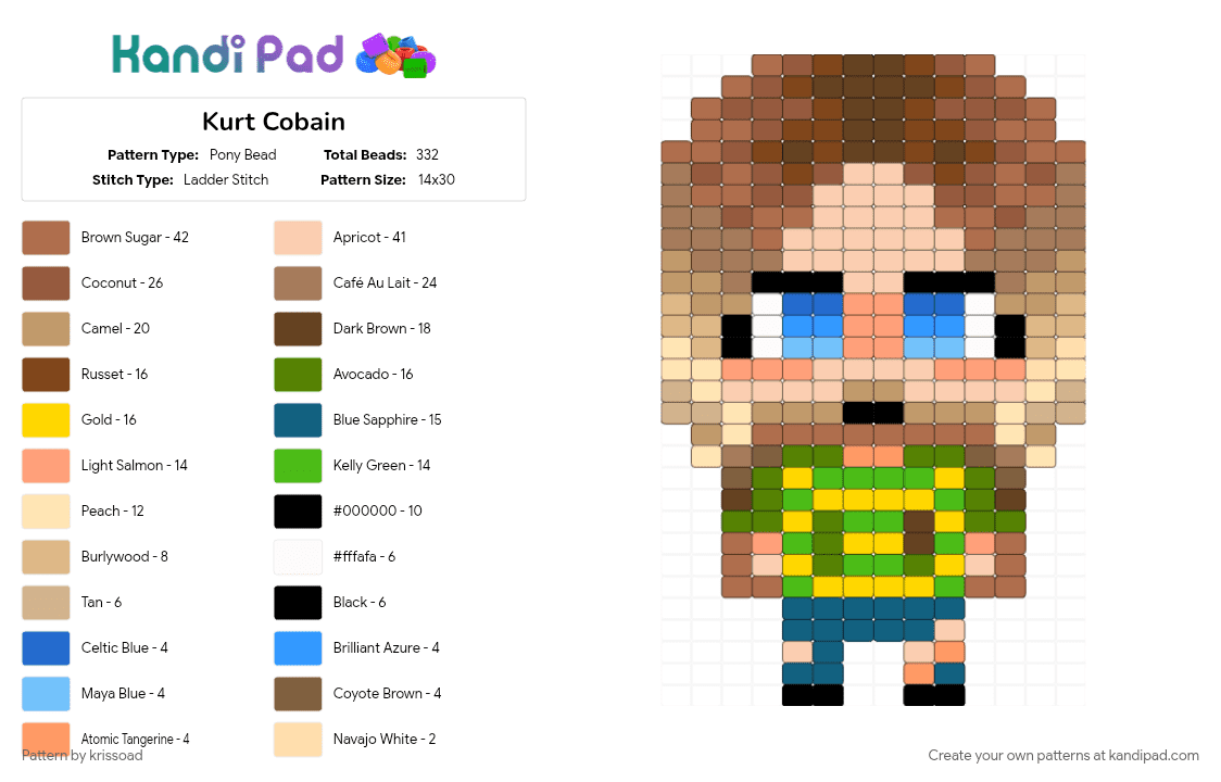 Kurt Cobain - Pony Bead Pattern by krissoad on Kandi Pad - beige, chibi, kurt cobain, nirvana, tan