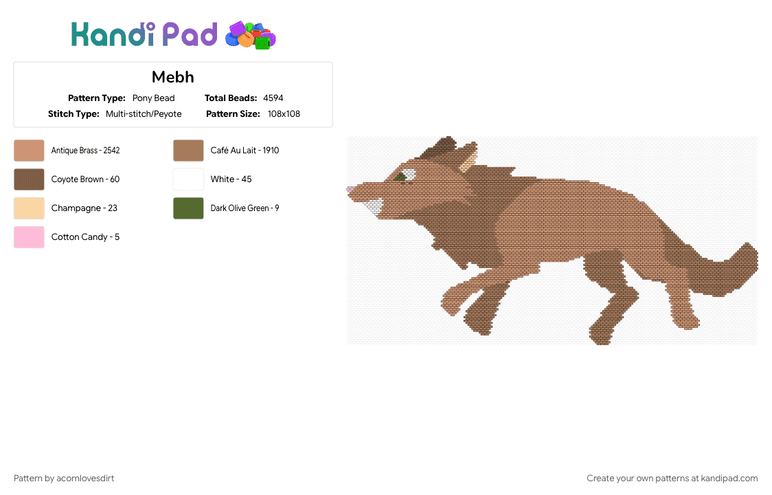 Mebh - Pony Bead Pattern by acornlovesdirt on Kandi Pad - beige, mebh, panel, tan, wolf, wolfwalkers