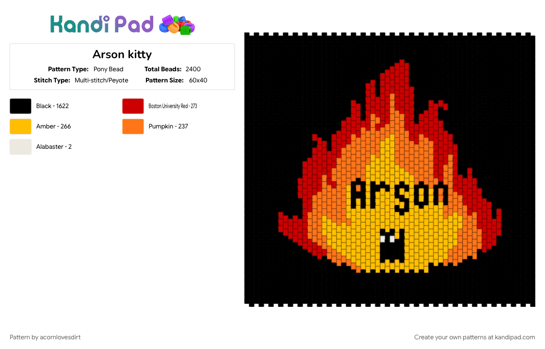 Arson kitty - Pony Bead Pattern by acornlovesdirt on Kandi Pad - animal, arson, black, cat, cute, fire, red, yellow