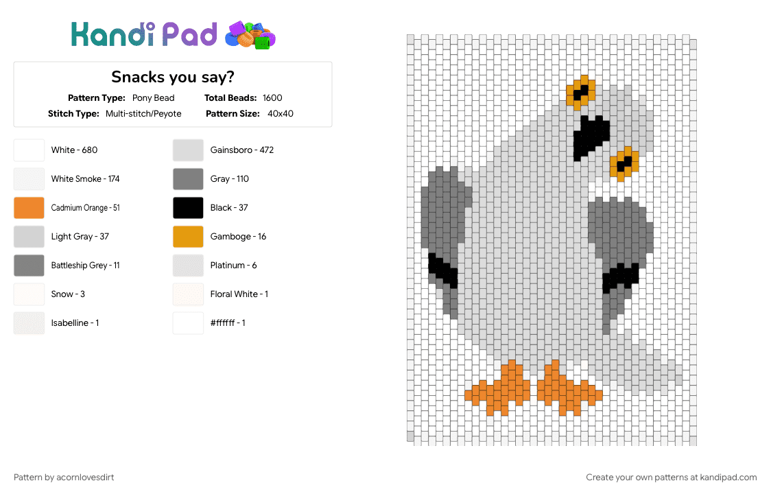 Snacks you say? - Pony Bead Pattern by acornlovesdirt on Kandi Pad - cotdbirds, gray, orange, white