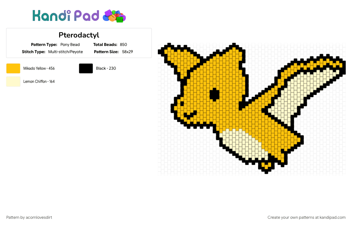 Pterodactyl - Pony Bead Pattern by acornlovesdirt on Kandi Pad - animal, black, cute, dinosaur, pterodactyl, yellow