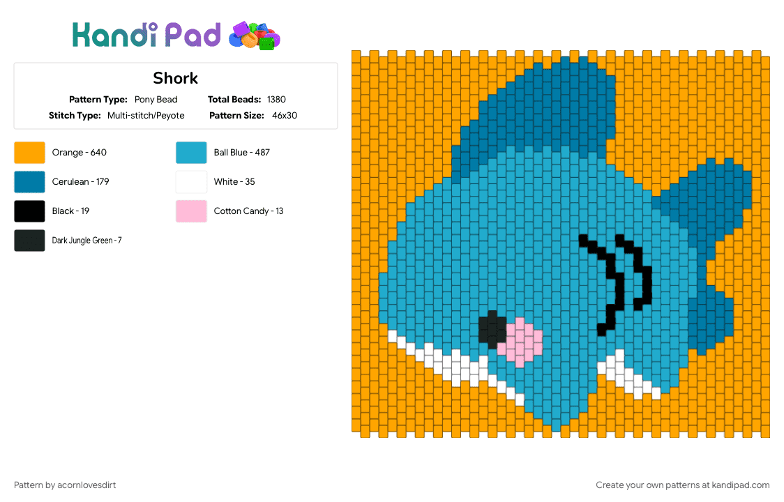 Shork - Pony Bead Pattern by acornlovesdirt on Kandi Pad - animal, cute, light blue, orange, shark, shork