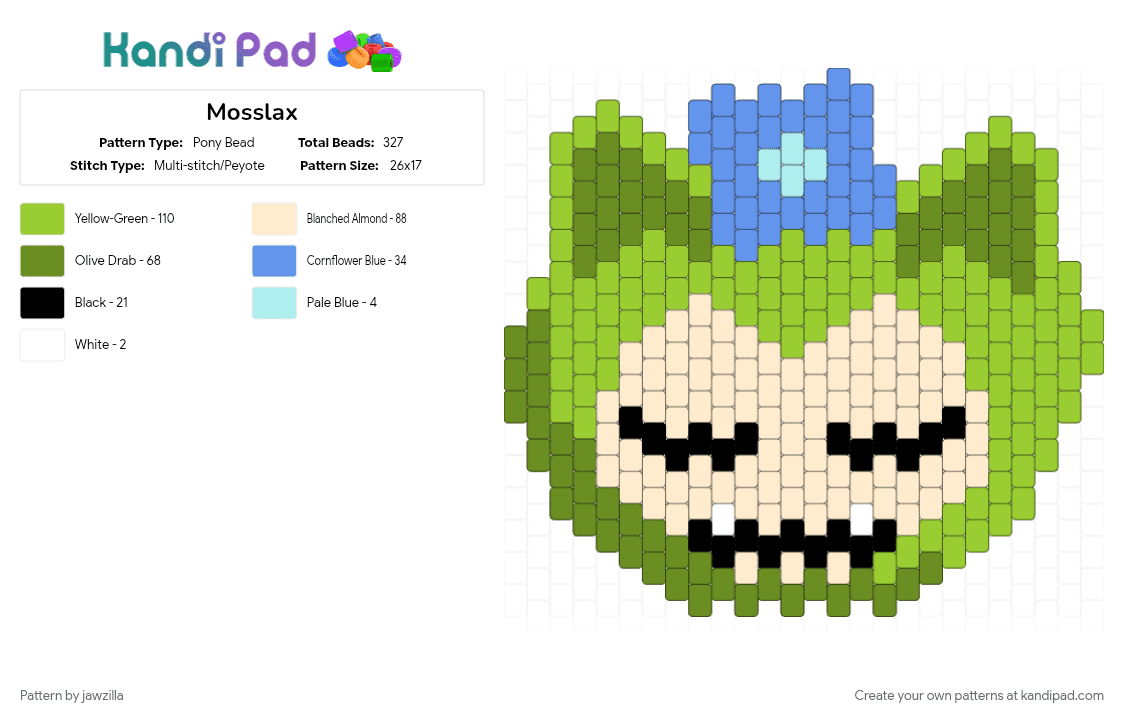 Mosslax - Pony Bead Pattern by jawzilla on Kandi Pad - character, charm, cute, gaming, green, head, nintendo, pokemon, video game