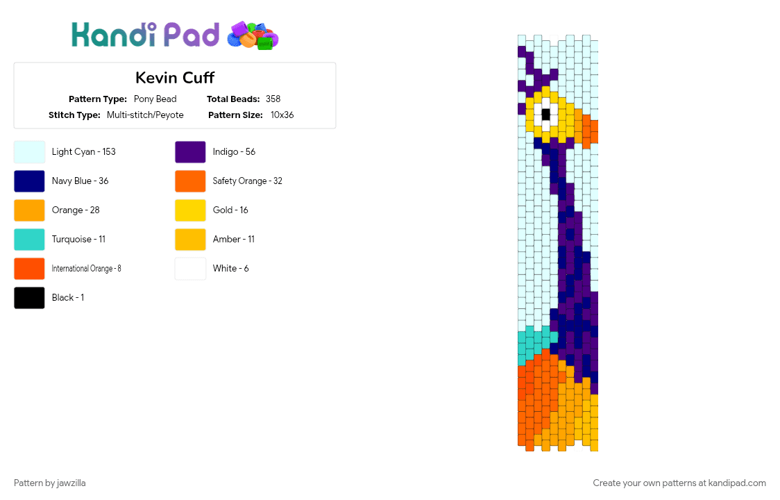 Kevin Cuff - Pony Bead Pattern by jawzilla on Kandi Pad - bird, bracelet, cotdbirds, cuff pattern, kevin, orange, pixar, purple, up