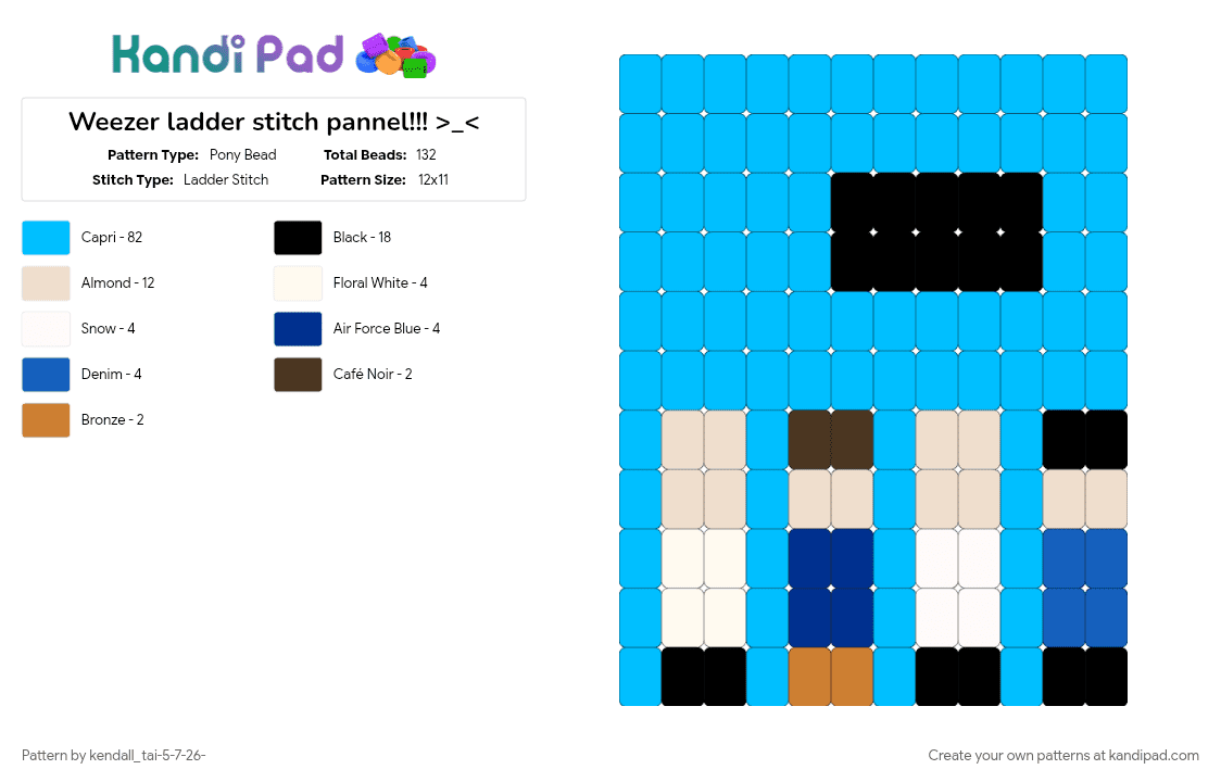 Weezer ladder stitch pannel!!! >_ - Pony Bead Pattern by kendall_tai-5-7-26- on Kandi Pad - ladder stitch, light blue, pannel, rock, weezer