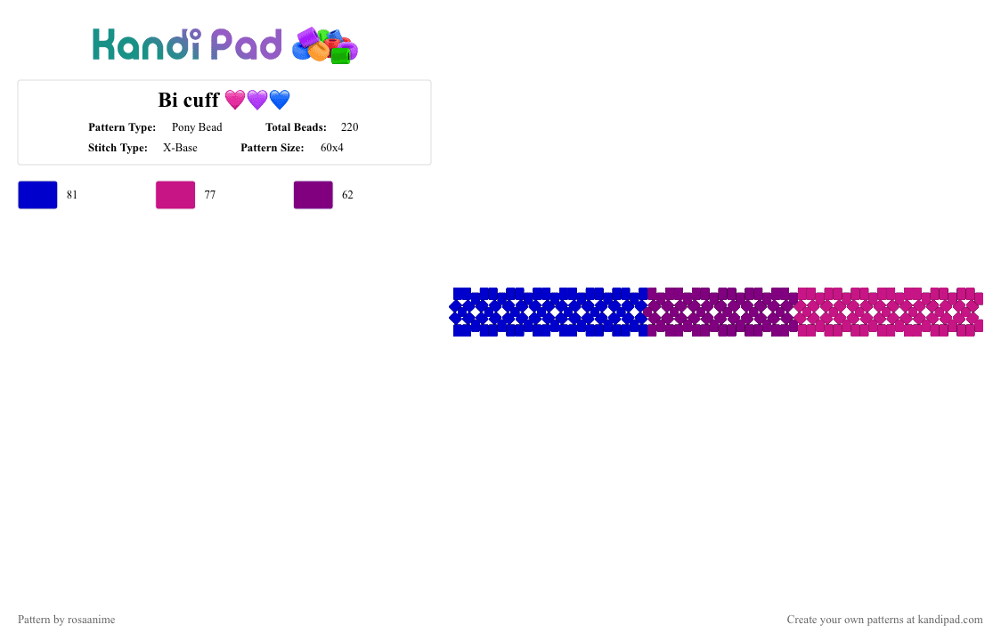 Bi cuff 🩷💜💙 - Pony Bead Pattern by rosaanime on Kandi Pad - bi, cuff, kandi, lgbtq, love, pink, pride, purple