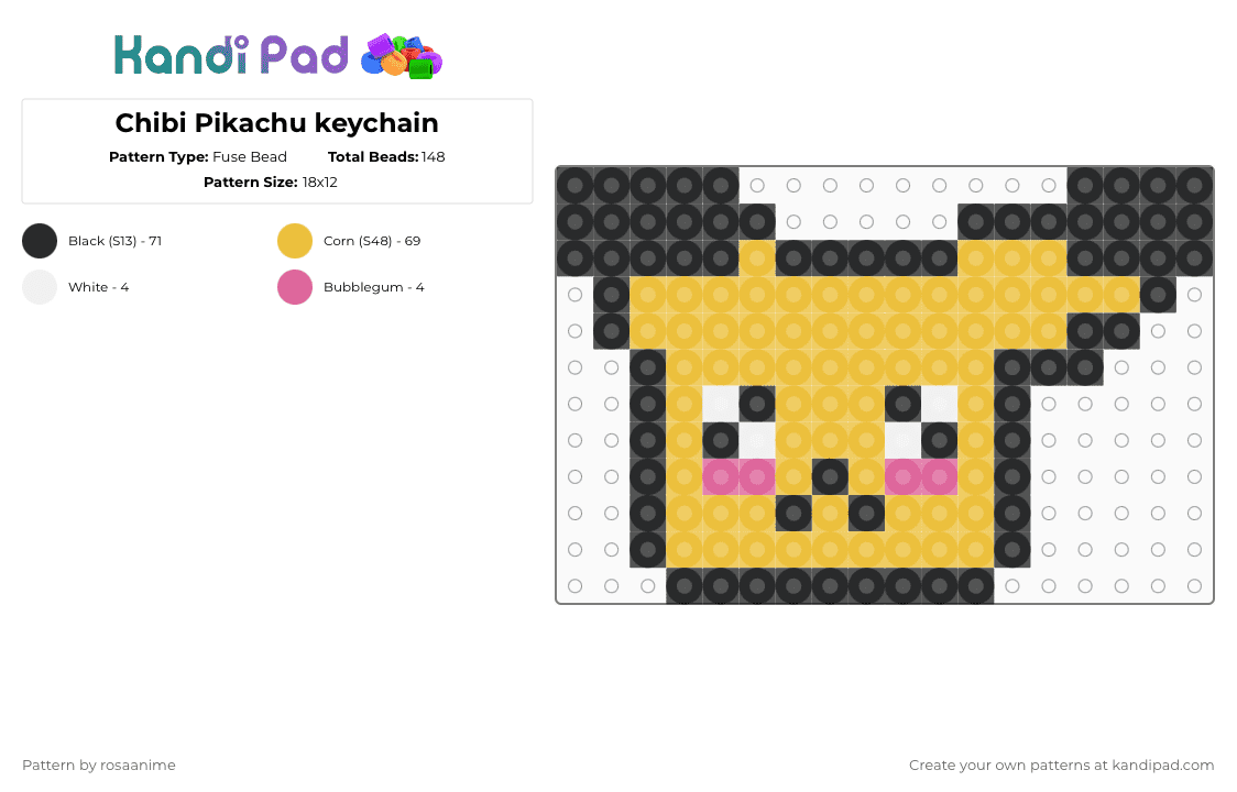 Chibi Pikachu keychain - Fuse Bead Pattern by rosaanime on Kandi Pad - yellow,pikachu,pokemon,chibi,keychain,small