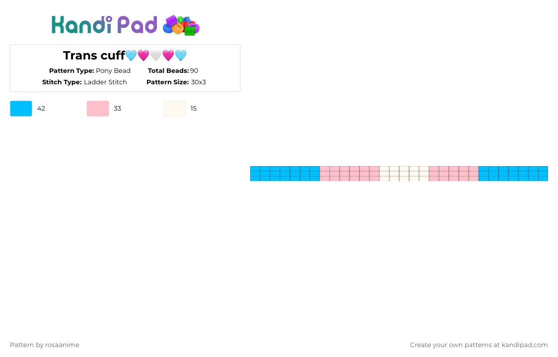 Trans cuff🩵🩷🤍🩷🩵 - Pony Bead Pattern by rosaanime on Kandi Pad - light blue,pink,pride,trans,ladderstich,love,kandi,cuff