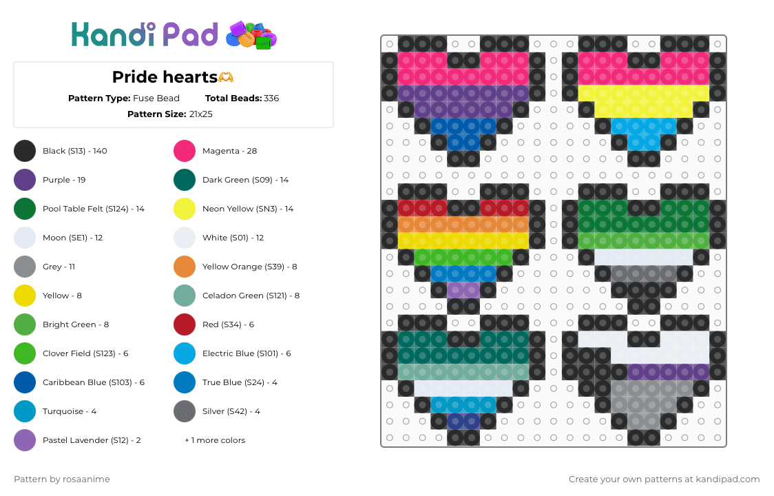 Pride hearts🫶 - Fuse Bead Pattern by rosaanime on Kandi Pad - black,green,pink,teal,purple,colorful,pride,small,love,chibi,keychain