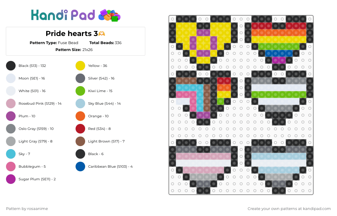 Pride hearts 3🫶 - Fuse Bead Pattern by rosaanime on Kandi Pad - black,yellow,pink,gray,colorful