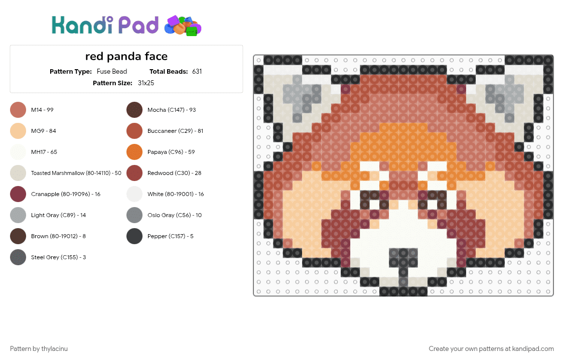 red panda face - Fuse Bead Pattern by thylacinu on Kandi Pad - animal, beige, cute, red, red panda