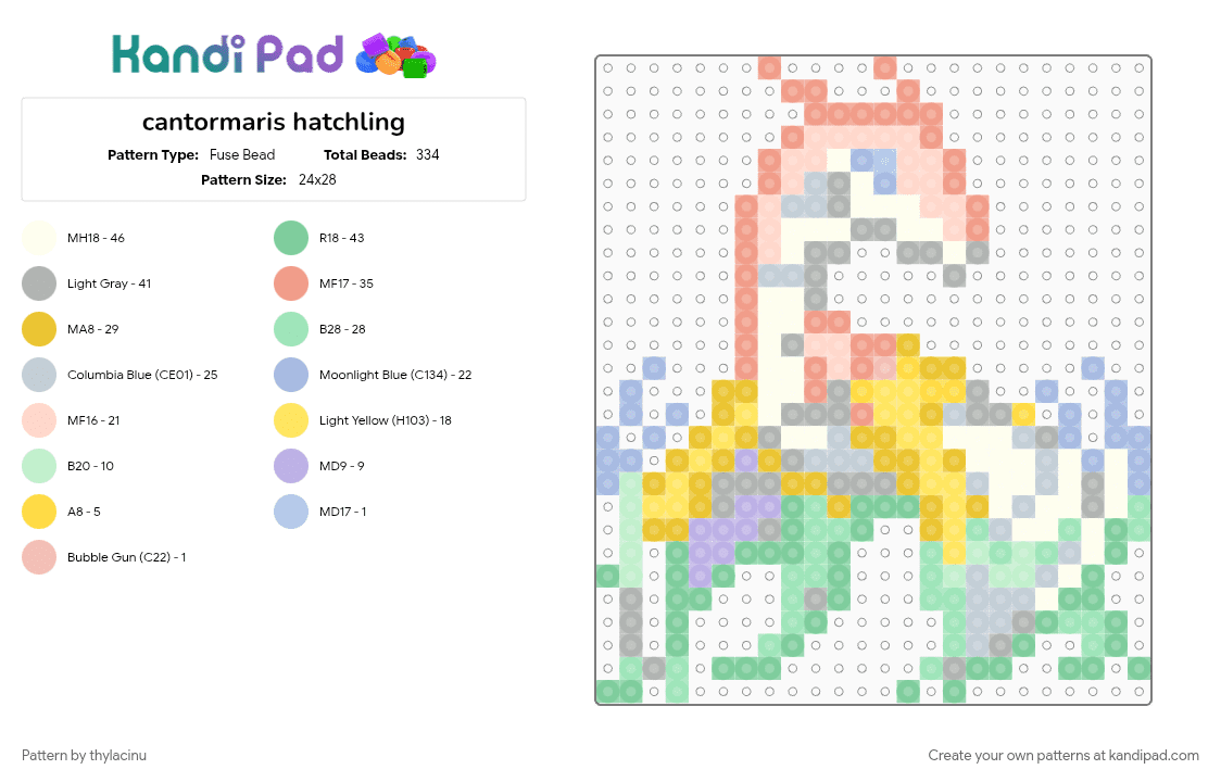cantormaris hatchling (dragcave) - Fuse Bead Pattern by thylacinu on Kandi Pad - animal, beige, creature, cute, dragon, fantasy, pastel, sprite, teal, yellow