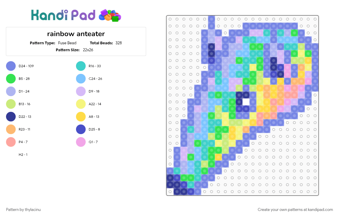 rainbow anteater - Fuse Bead Pattern by thylacinu on Kandi Pad - animal, anteater, blue, colorful, pink, rainbow, teal, yellow