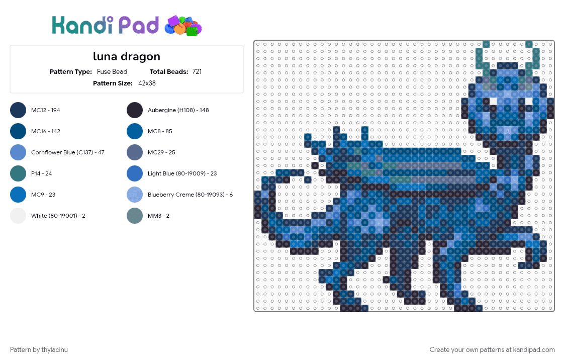 luna dragon (dragcave) - Fuse Bead Pattern by thylacinu on Kandi Pad - animal, blue, creature, dragon, fantasy, sprite