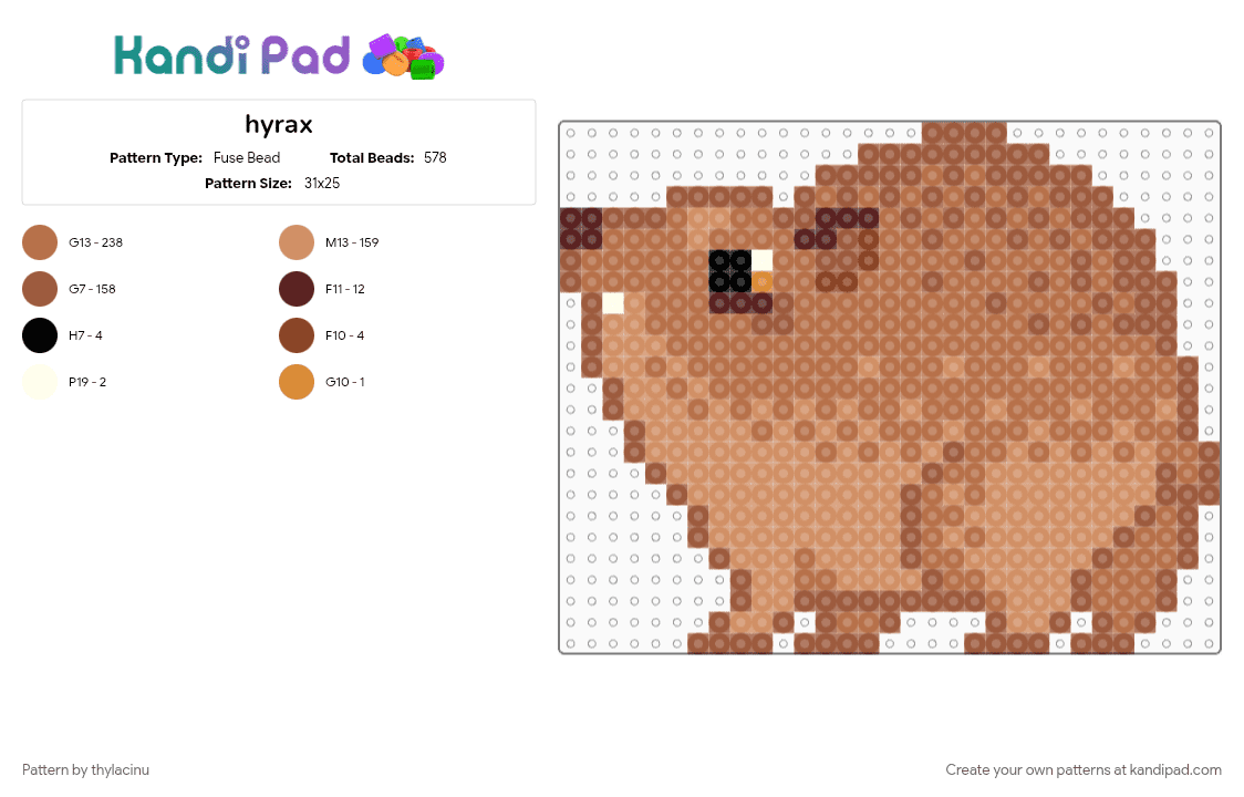 hyrax - Fuse Bead Pattern by thylacinu on Kandi Pad - animals, hyrax, orange, red, tan