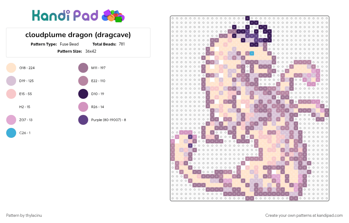 cloudplume dragon (dragcave) - Fuse Bead Pattern by thylacinu on Kandi Pad - animal, beige, cloud, creature, dragon, fantasy, gray, pink, sprite