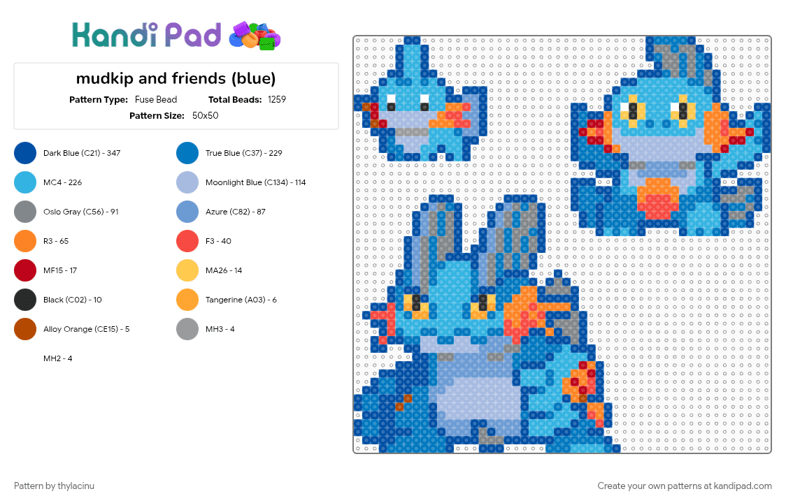mudkip and friends (blue) - Fuse Bead Pattern by thylacinu on Kandi Pad - blue, creature, evolution, gaming, light blue, marshtomp, mudkip, pokemon, starter, swampert