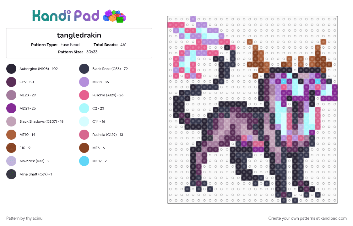tangledrakin (dragcave) - Fuse Bead Pattern by thylacinu on Kandi Pad - animal, creature, dragon, fantasy, pink, purple, sprite