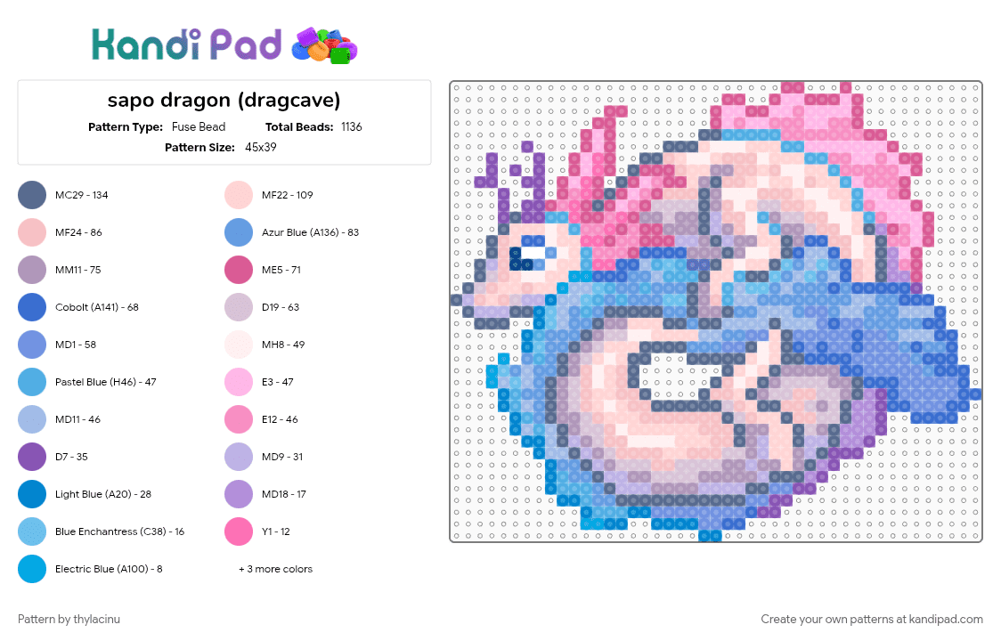 sapo dragon (dragcave) - Fuse Bead Pattern by thylacinu on Kandi Pad - animal, blue, creature, cute, dragon, fantasy, light blue, pastel, pink, sprite
