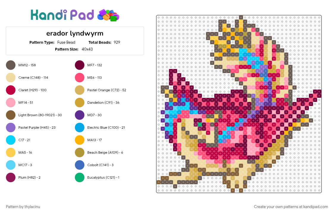 erador lyndwyrm (dragcave) - Fuse Bead Pattern by thylacinu on Kandi Pad - animal, beige, colorful, creature, dragon, fantasy, pink, red, sprite, tan