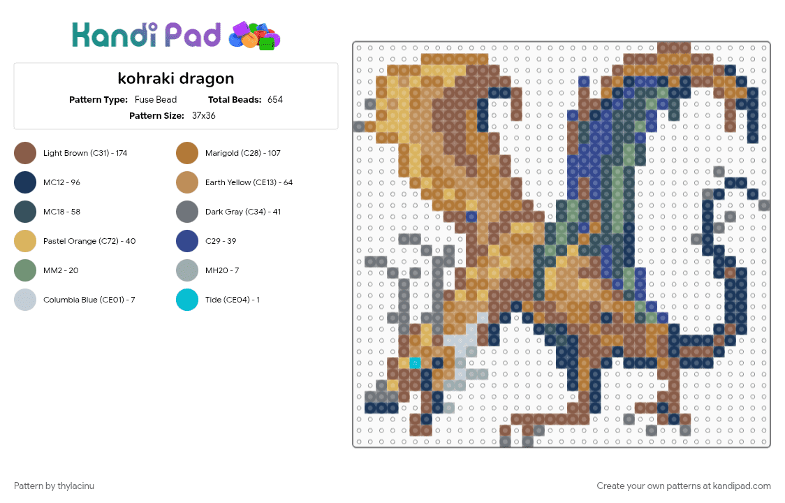 kohraki dragon (dragcave) - Fuse Bead Pattern by thylacinu on Kandi Pad - animal, blue, creature, dragon, fantasy, sprite, tan