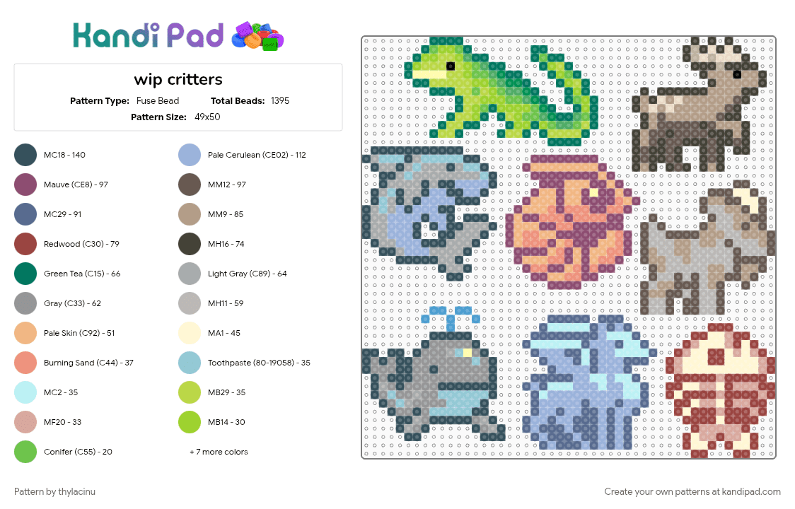 critters - Fuse Bead Pattern by thylacinu on Kandi Pad - animal, beige, blue, colorful, fish, goat, gray, green, lizard, moose, shark, shrimp, tan, whale