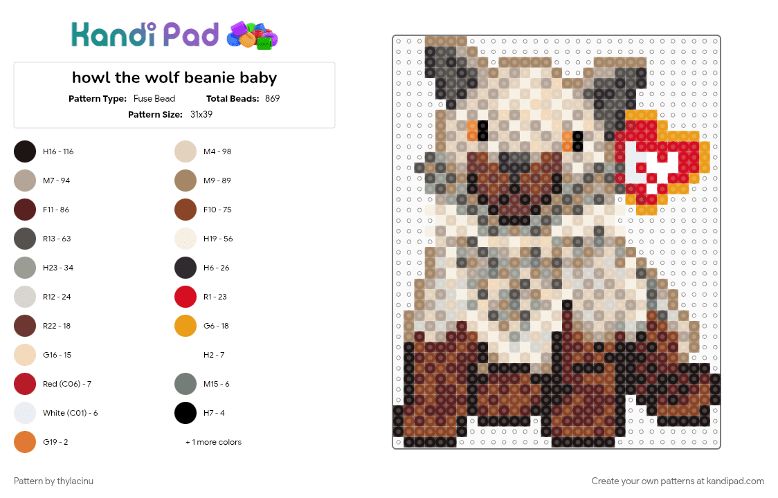 howl the wolf beanie baby - Fuse Bead Pattern by thylacinu on Kandi Pad - animal, beanie baby, beige, brown, cotdwolves, cute, gray, red, wolf