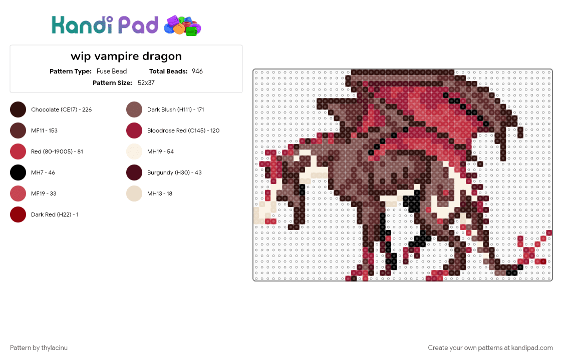 vampire dragon - Fuse Bead Pattern by thylacinu on Kandi Pad - animal, brown, creature, dragon, fantasy, red, sprite, vampire
