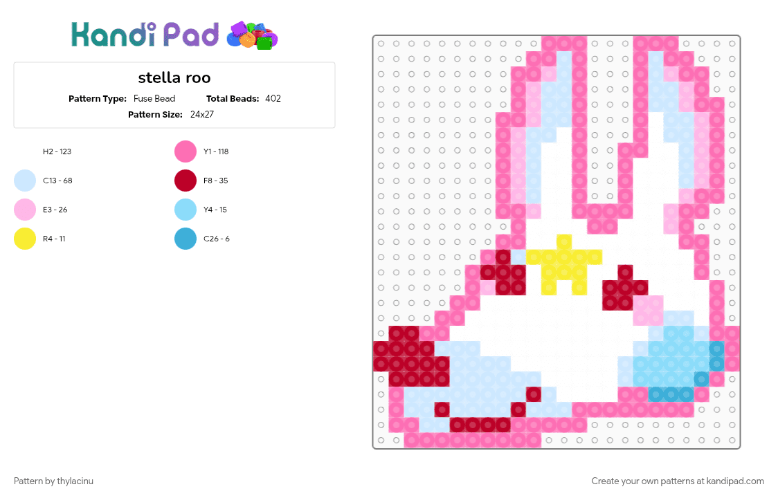 stella roo - Fuse Bead Pattern by thylacinu on Kandi Pad - animal, character, clown, clowncore, cute, kangaroo, pink, pink and blue, star, white