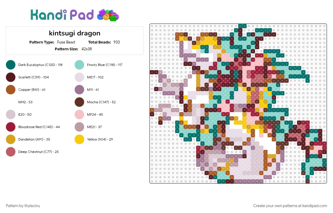 kintsugi dragon (dragcave) - Fuse Bead Pattern by thylacinu on Kandi Pad - animal, brown, colorful, creature, dragon, fantasy, kintsugi, light blue, sprite, teal
