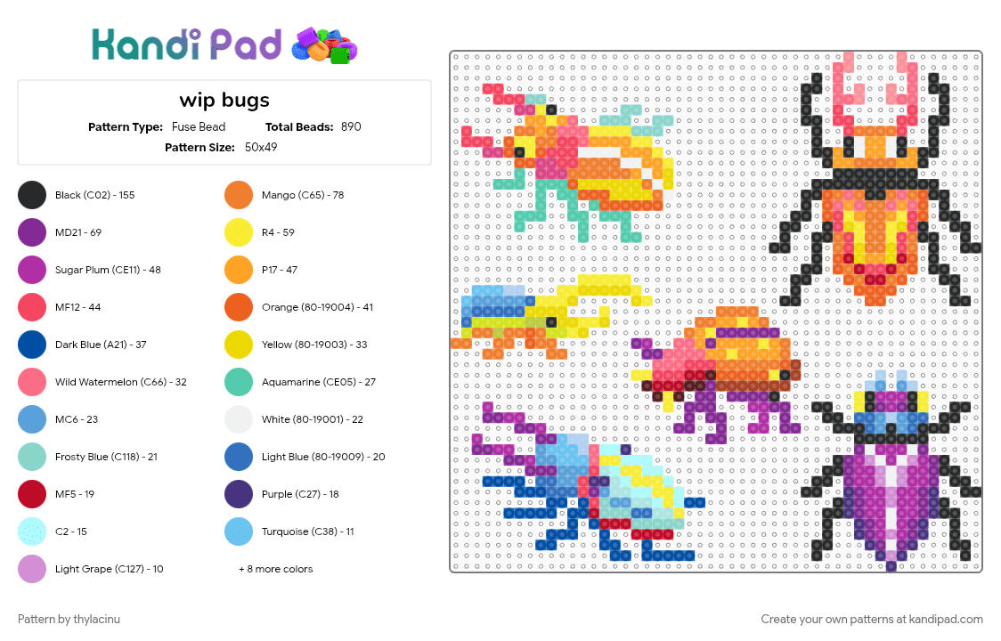 bugs - Fuse Bead Pattern by thylacinu on Kandi Pad - animals, beetles, bugs, colorful, cute, light blue, pink, red