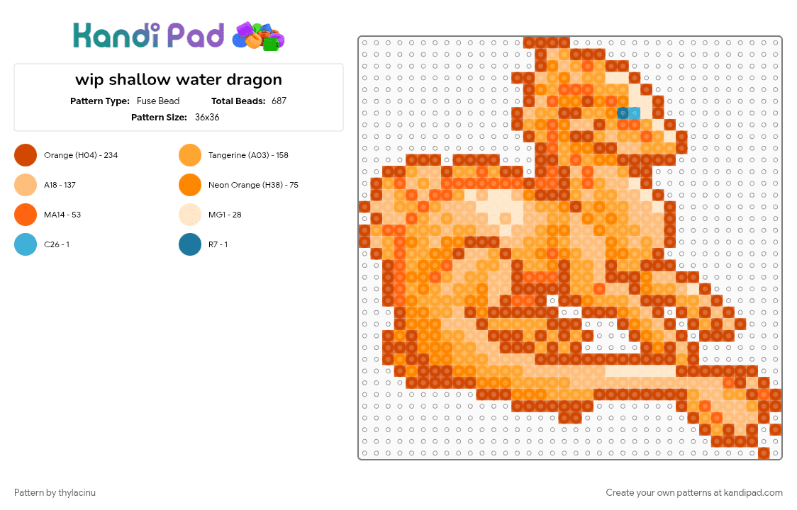 shallow water dragon - Fuse Bead Pattern by thylacinu on Kandi Pad - animal, creature, dragon, orange, red, sprite, water