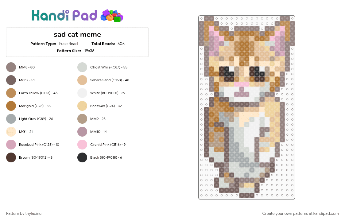 sad cat meme - Fuse Bead Pattern by thylacinu on Kandi Pad - animal, beige, cat, cute, gray, meme, tan