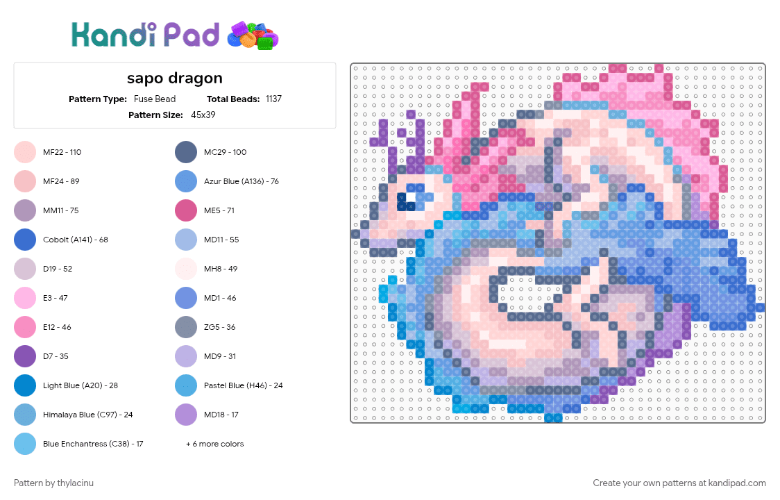 sapo dragon - Fuse Bead Pattern by thylacinu on Kandi Pad - animal, beige, blue, creature, cute, dragon, fantasy, light blue, pastel, pink, sprite