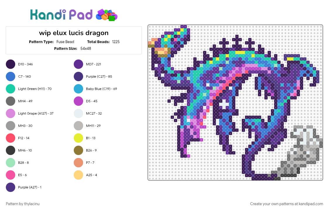 elux lucis dragon (dragcave) - Fuse Bead Pattern by thylacinu on Kandi Pad - animal, blue, creature, dragon, fantasy, purple, sprite