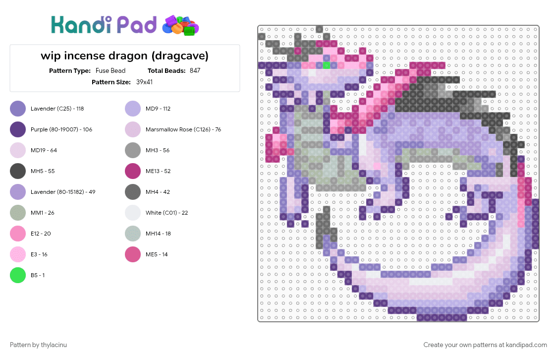 incense dragon (dragcave) - Fuse Bead Pattern by thylacinu on Kandi Pad - animal, creature, dragon, fantasy, gray, pink, sprite
