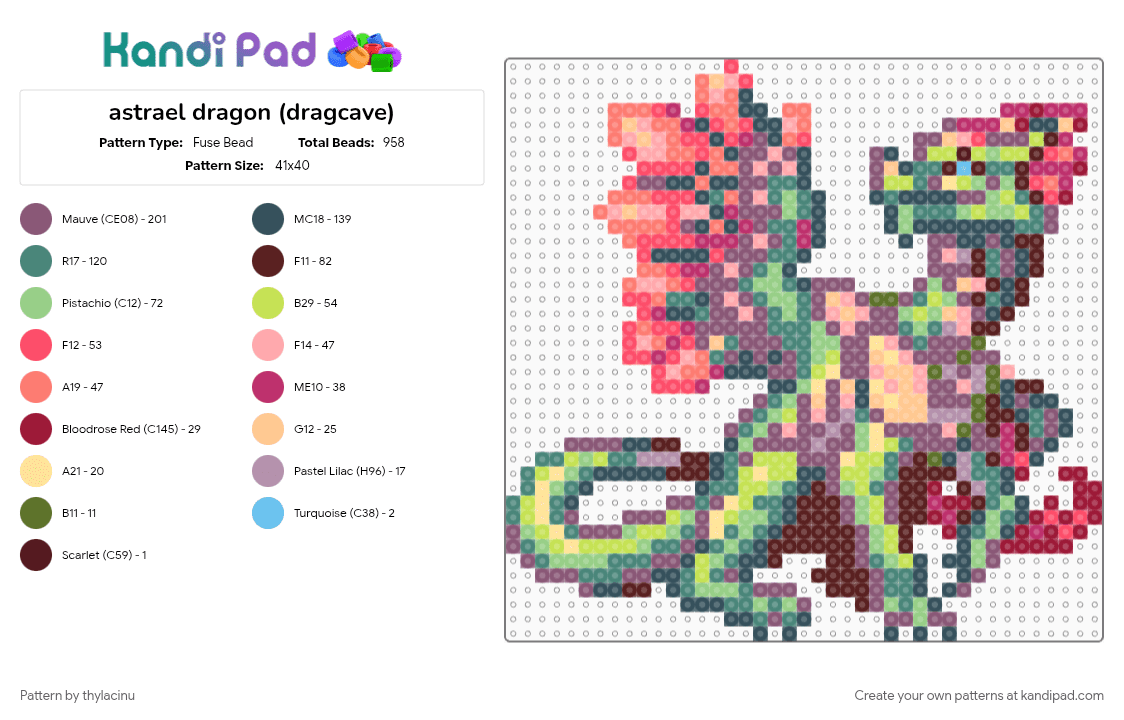 astrael dragon (dragcave) - Fuse Bead Pattern by thylacinu on Kandi Pad - animal, creature, dragon, fantasy, pink, purple, red, sprite, teal