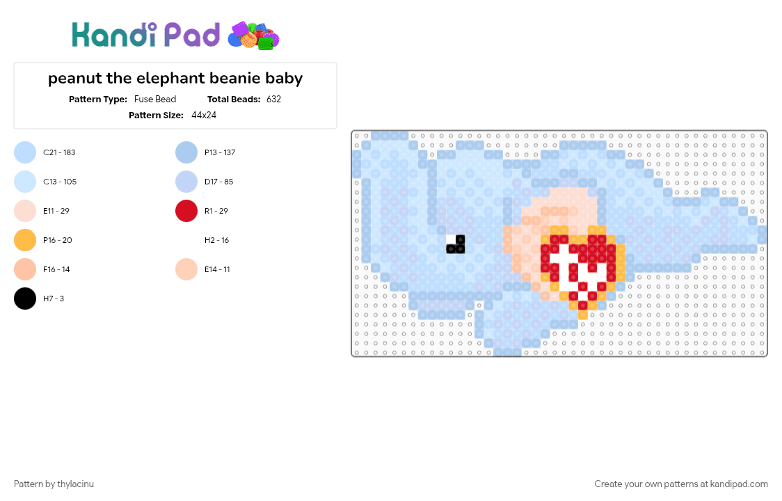 peanut the elephant beanie baby - Fuse Bead Pattern by thylacinu on Kandi Pad - animals, beanie baby, cotdelephants, cute, elephant, light blue