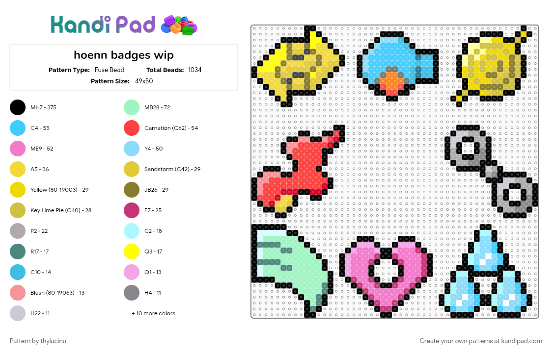 hoenn badges - Fuse Bead Pattern by thylacinu on Kandi Pad - badges, colorful, gaming, hoenn, light blue, pokemon, red, teal