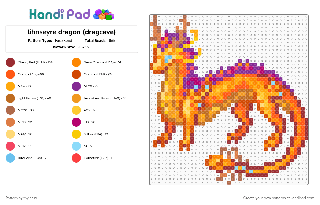 lihnseyre dragon (dragcave) - Fuse Bead Pattern by thylacinu on Kandi Pad - animal, creature, dragon, fantasy, orange, red, sprite