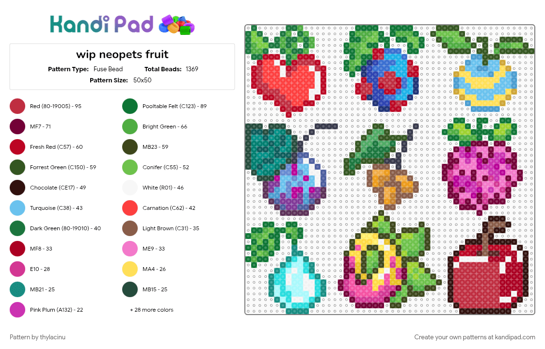 neopets fruit - Fuse Bead Pattern by thylacinu on Kandi Pad - berries, colorful, cotdfruit, fruit, green, light blue, neopets, pink, red
