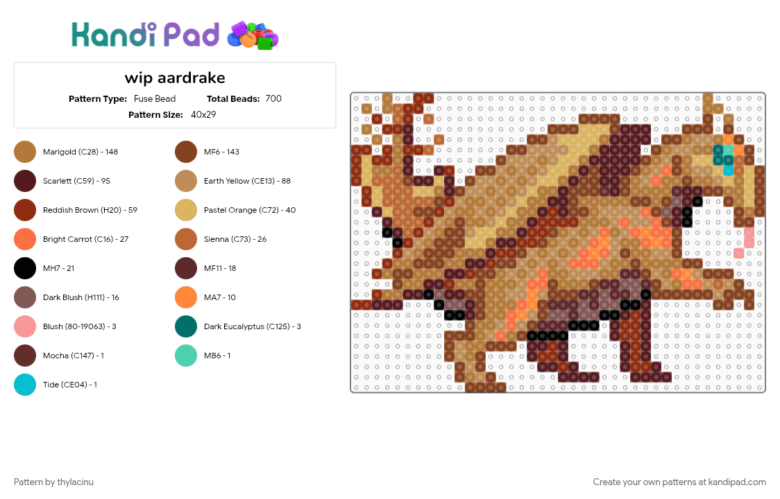 aardrake (dragcave) - Fuse Bead Pattern by thylacinu on Kandi Pad - animal, brown, creature, dragon, fantasy, sprite, tan
