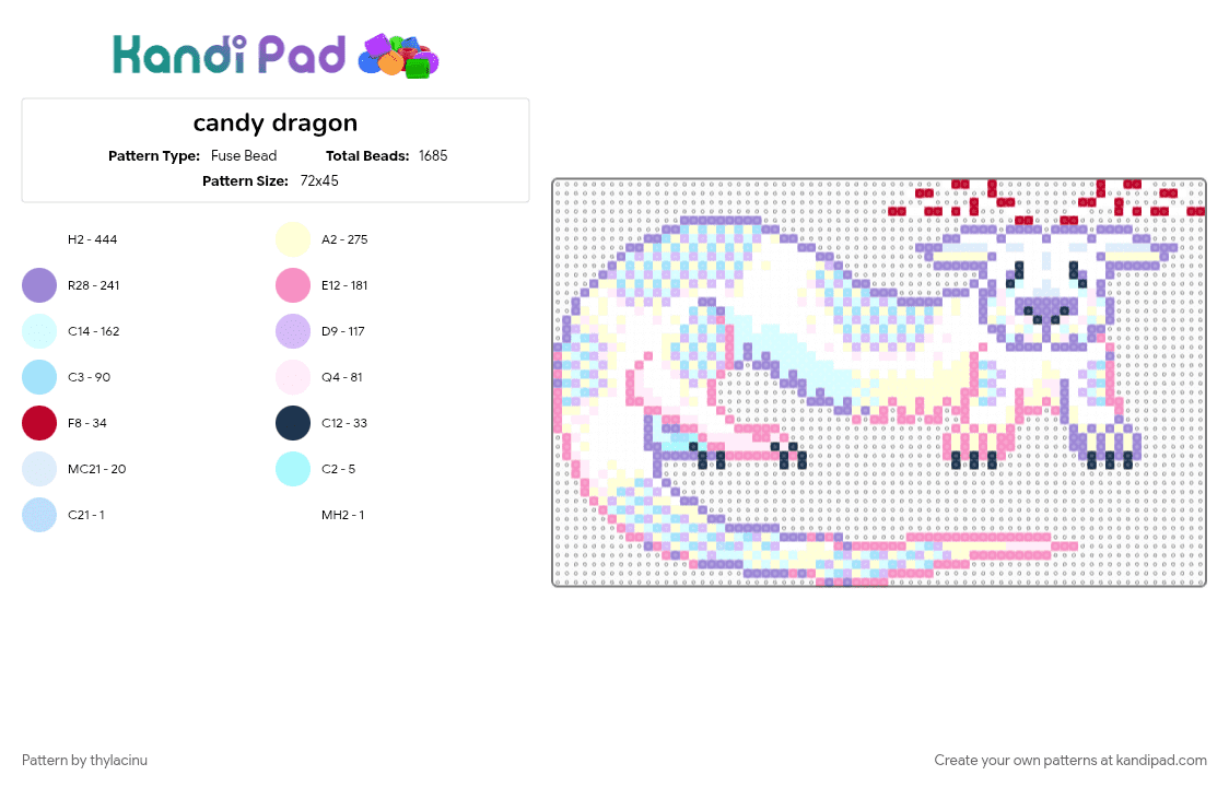 candy dragon - Fuse Bead Pattern by thylacinu on Kandi Pad - creature, dragon, light blue, luck, pastel, pink, white