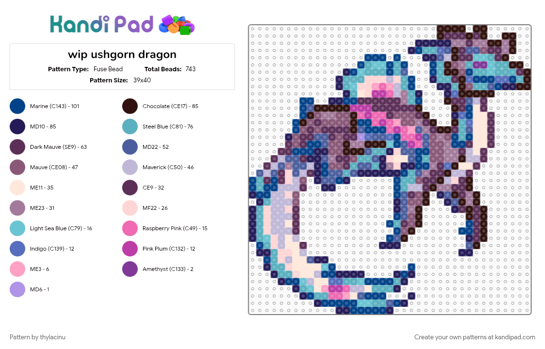 ushgorn dragon (dragcave) - Fuse Bead Pattern by thylacinu on Kandi Pad - animal, blue, brown, creature, dragon, fantasy, pink, purple, sprite