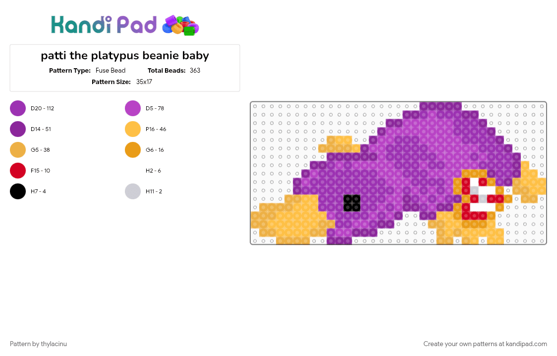 patti the platypus beanie baby - Fuse Bead Pattern by thylacinu on Kandi Pad - beanie baby, cute, pink, platypus