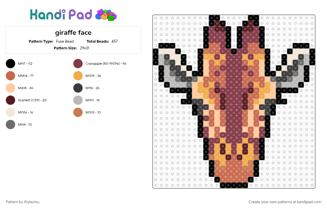 giraffe face - Fuse Bead Pattern by thylacinu on Kandi Pad - animal, brown, giraffe, red