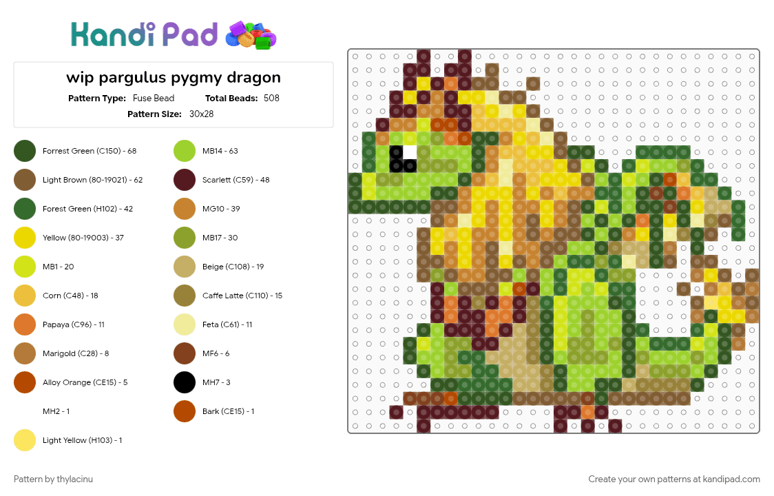 pargulus pygmy dragon - Fuse Bead Pattern by thylacinu on Kandi Pad - animal, creature, dragon, fantasy, gold, green, sprite, tan, yellow