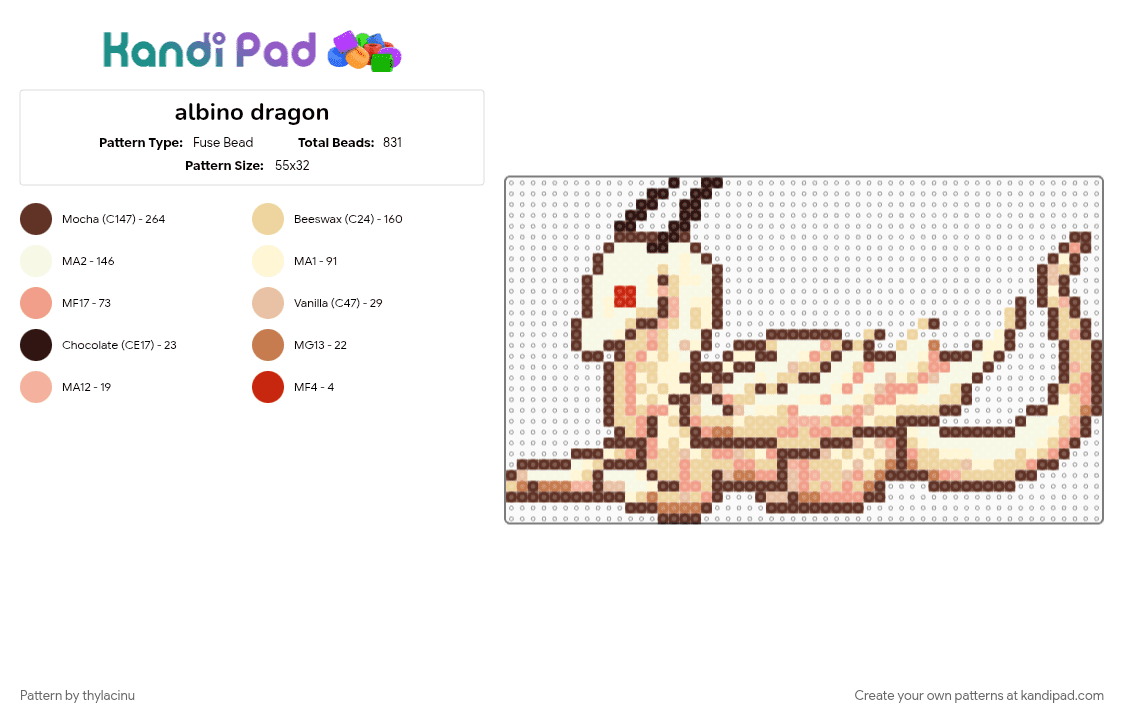 albino dragon - Fuse Bead Pattern by thylacinu on Kandi Pad - animal, beige, brown, creature, dragon, fantasy, sprite